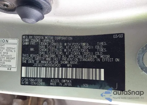 2003 Toyota Highlander from USA, damaged, VIN JTEGD21A830063420